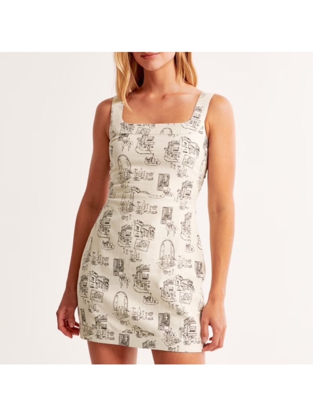 A&F Cream Square-Neck Printed Mini Dress